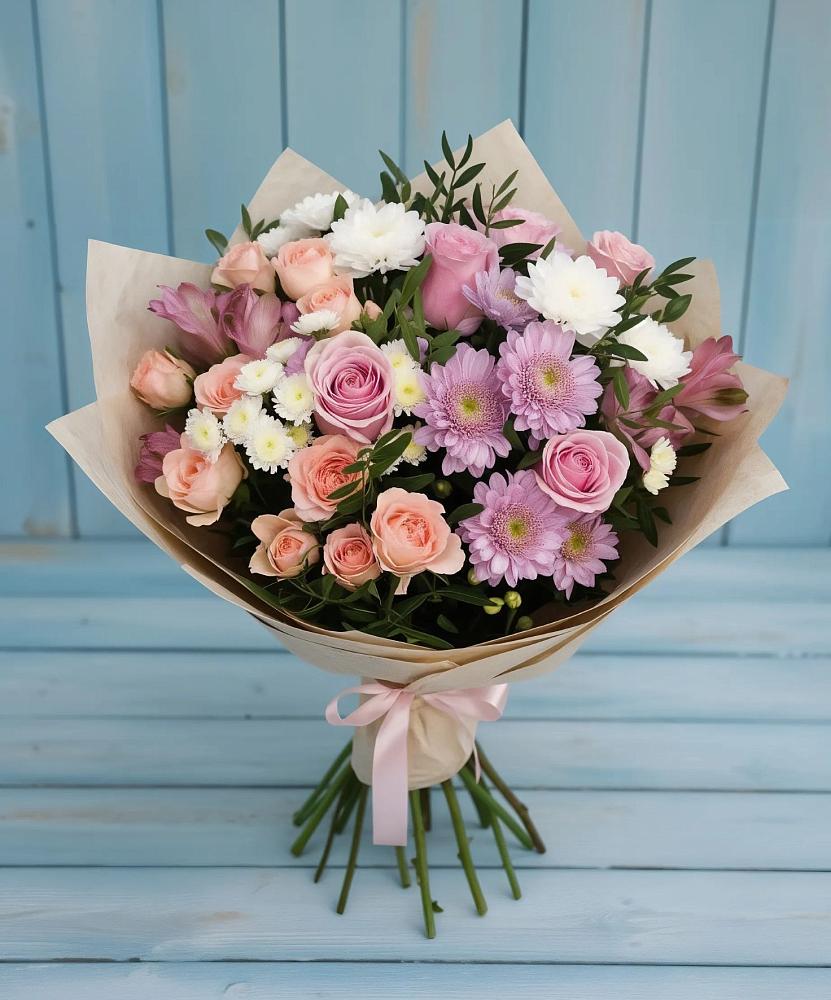 Букет цветов из: Хризантемы, Розы и Альстромерии в Родино