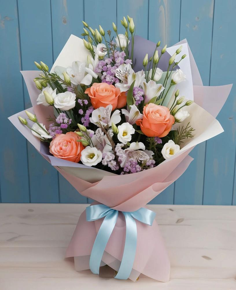 Букет цветов из: Лизиантусы, Розы, Альстромерии и Гипсофила в Родино