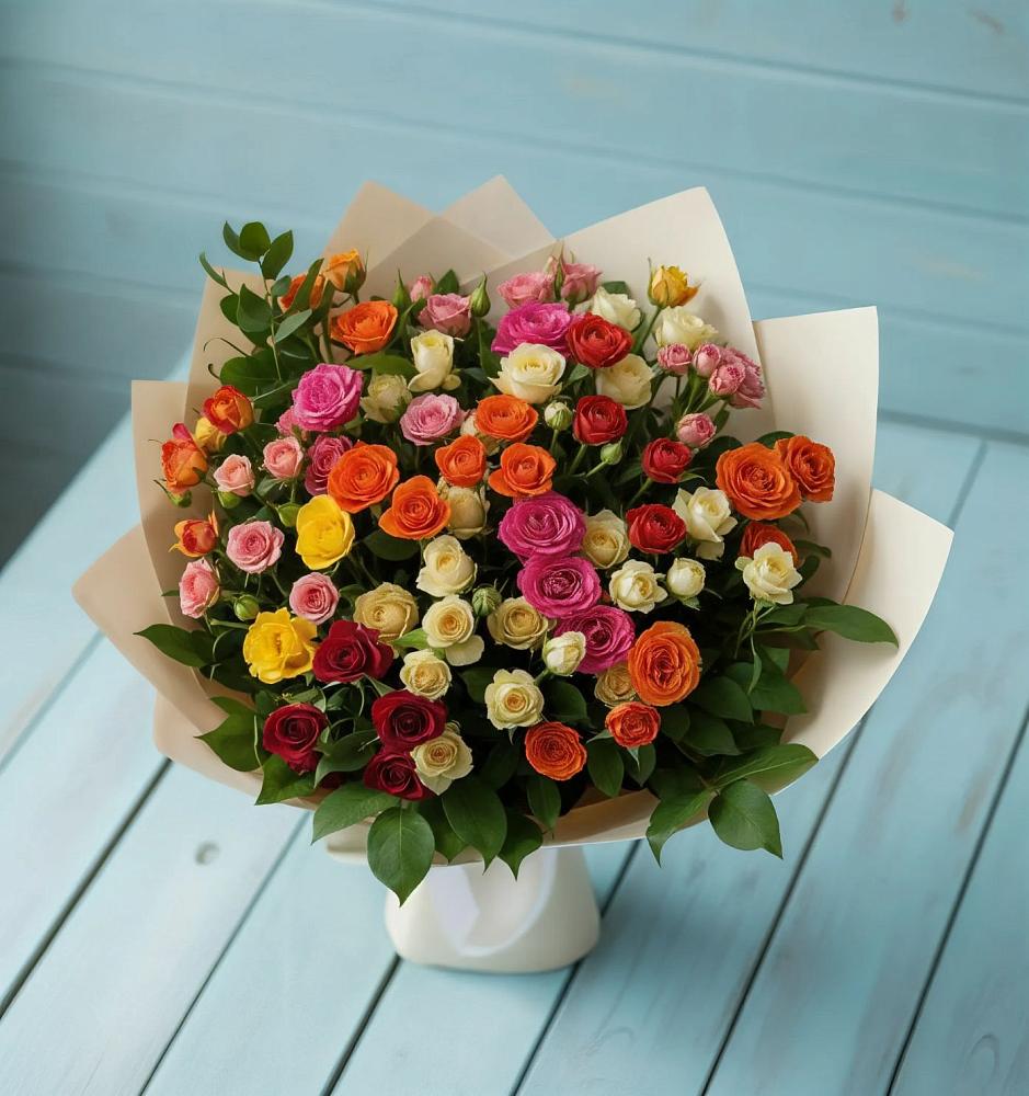Букет Микс из разноцветных кустовых роз в Родино
