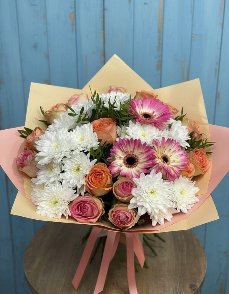 Букет цветов из: Розы, Герберы и Хризантемы в Родино