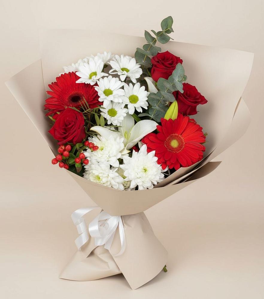 Букет цветов из: Розы, Хризантемы, Герберы и Лилии в Родино