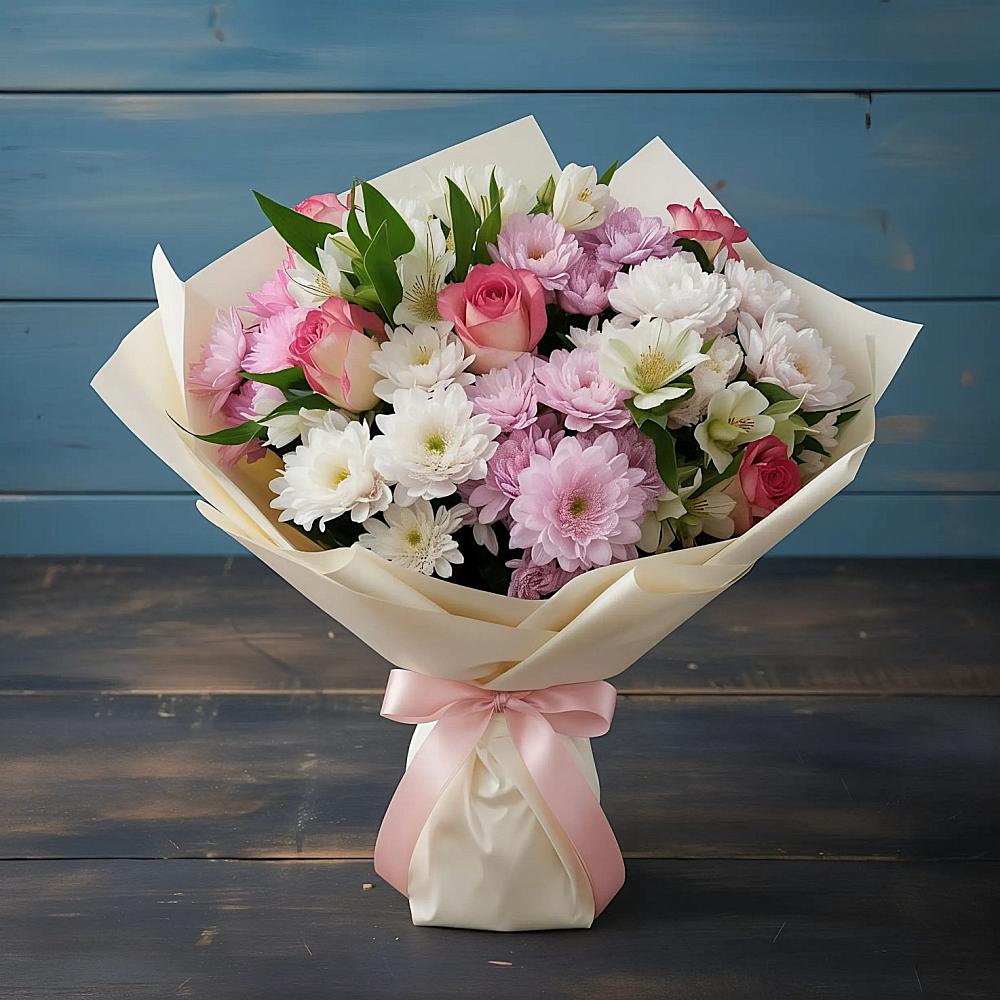 Букет цветов из: Хризантемы, Альстромерии и Розы в Родино